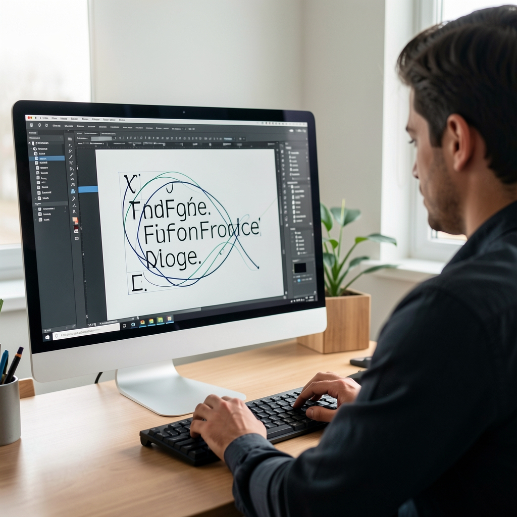 Дизайнер за компьютером работает с программой FontForge, открытый редактор шрифтов с кривыми безье на экране