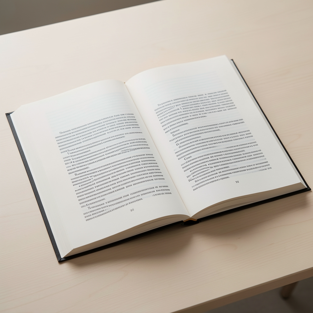 Макет книги на светлом столе, развернутая на странице с грамотной типографской версткой, межстрочные интервалы и поля