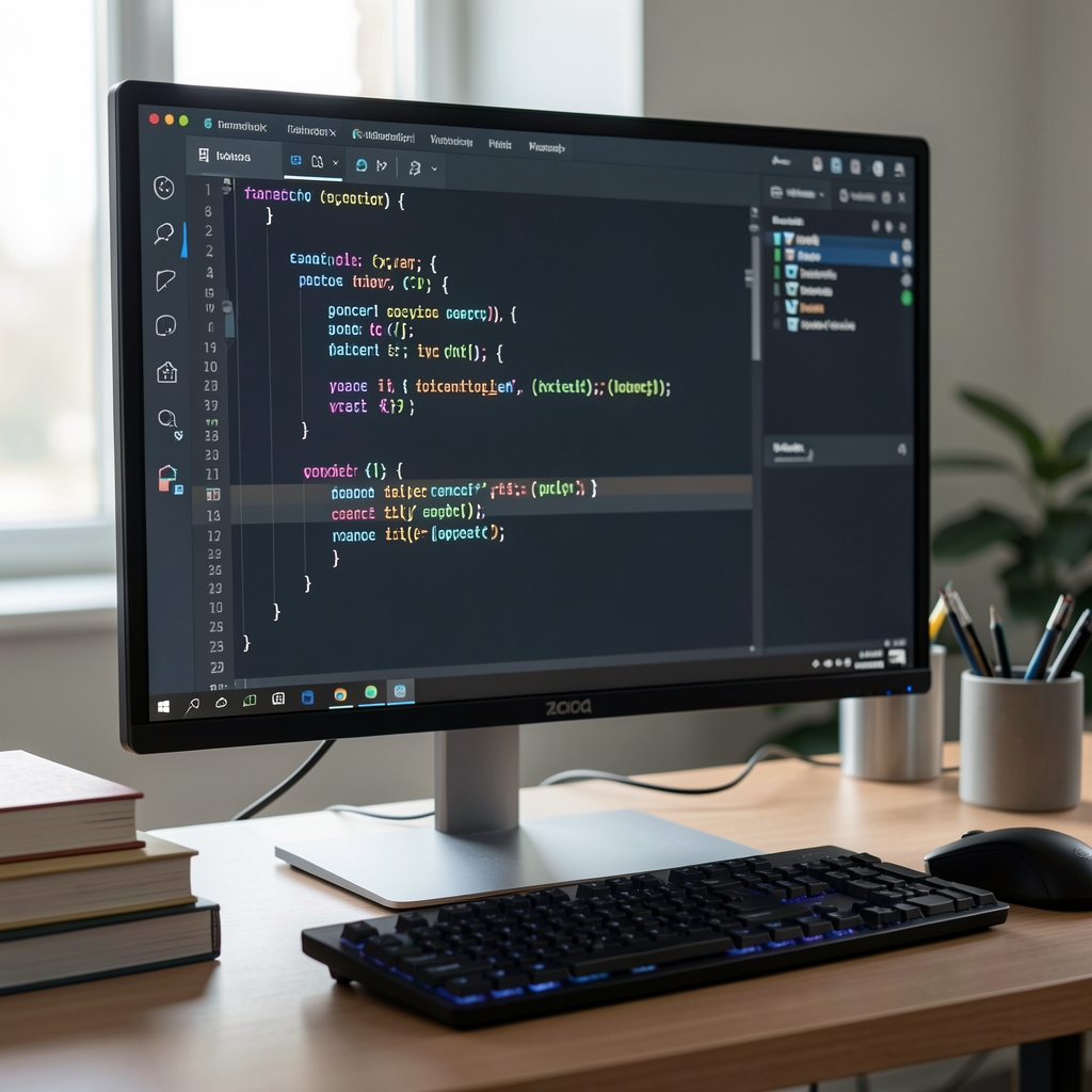 Экран монитора с кодом CSS и параметрами шрифтов, темная тема редактора кода, профессиональная рабочая среда