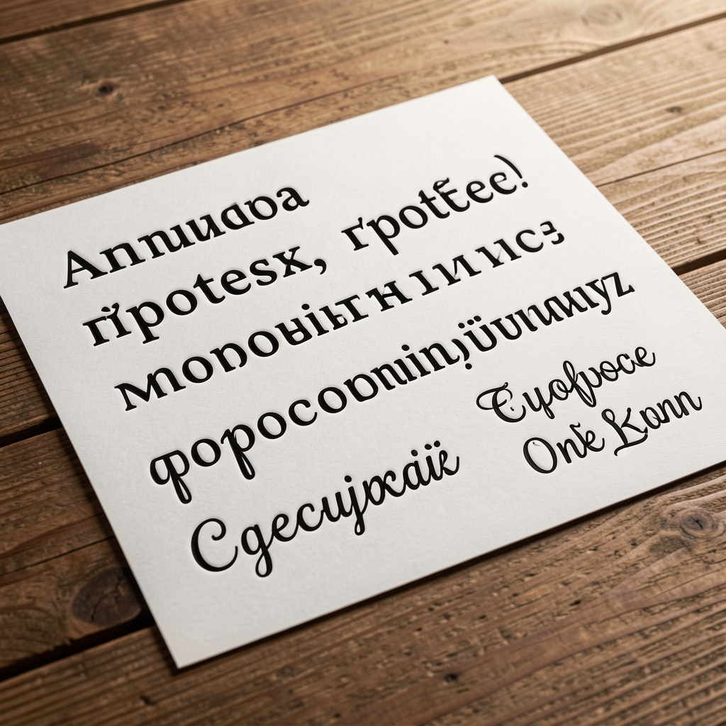 Коллекция шрифтовых образцов на карточках, разложенных на деревянном столе дизайнера, демонстрирующих разные гарнитуры