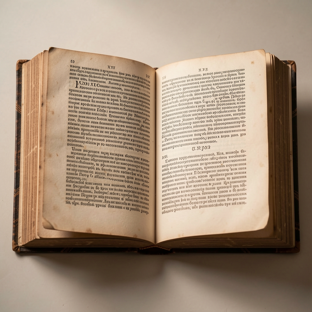 Разворот антикварной книги XVI века, напечатанной шрифтом Гарамон с элегантными засечками и гармоничными пропорциями, бумага с патиной времени